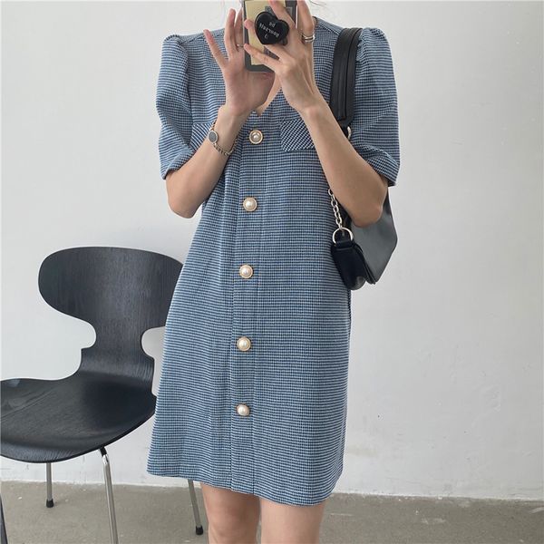 

dress for women blue lattice short sleeve clothing summer new korean style dresses single breasted loose waist v-neck, Black;gray