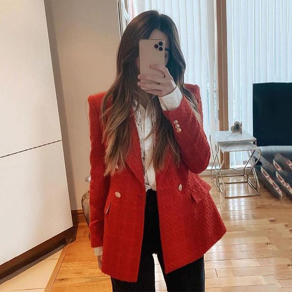 

ardm casual red coat women elegant double breasted pockets slim office ladies tweed jacket chic vintage spring outwear women's wool &, Black