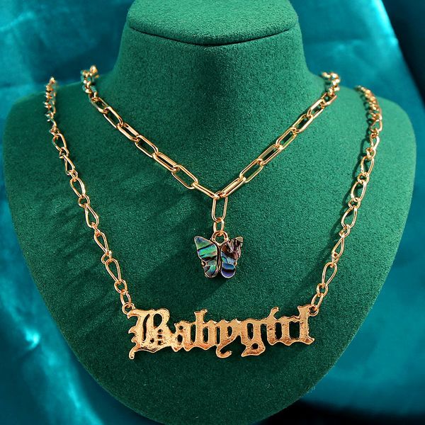 

caraquet fashion resin butterfly choker necklace female multilayer bling gold color babygirl letter pendant necklace new jewelry, Red;blue