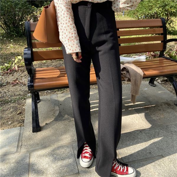 

black ol high waist all match large size loose-fitting straight female trousers stylish women solid pants 210421, Black;white