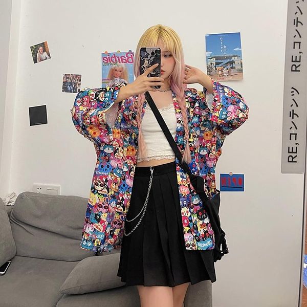 

women's blouses & shirts harajuku korea american vintage cartoon animation full printing ladies shirt summer commuter casual loose fash, White