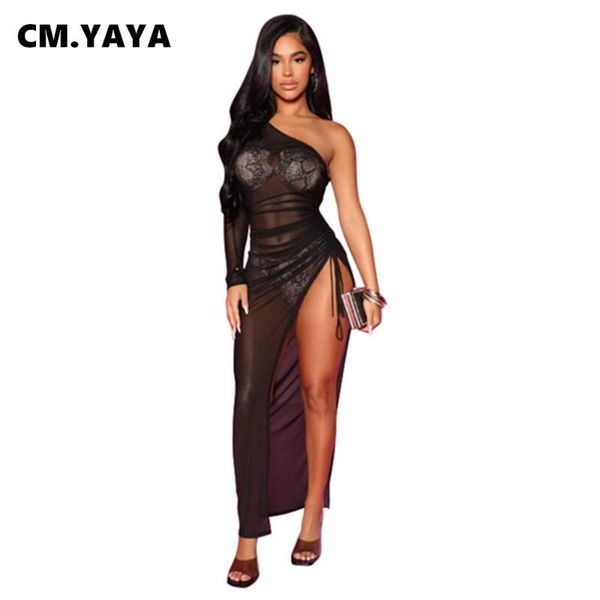 

casual dresses cm.yaya women long dress solid mesh see-through one shoulder full sleeve splited bandage night vestidos summer 2021, Black;gray