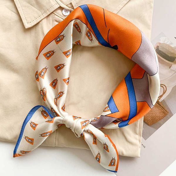 

2021 spring and summer decoration korean small square female cartoon fashionable mulberry silk scarf, Blue;gray