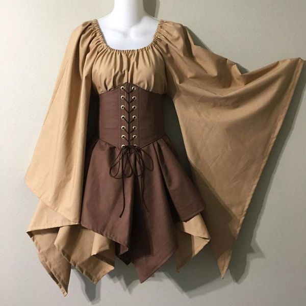 

casual dresses 40# gothic women gown vintage dress waist drawstring cosplay party night batwing sleeve ruffle harajuku, Black;gray