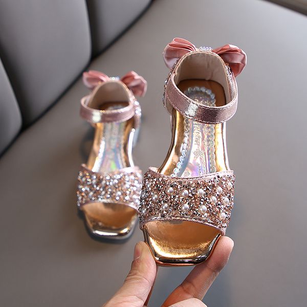 

girls sandals summer back bowtie princess shoes crystal pearl ankle strap kids anti-slip high heels children dance party sandal, Black;grey