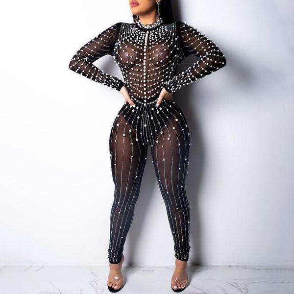 

plus size pants american mid-waist fashion tight-fitting polyester mesh large jumpsuit with diamond bubble beads, Black