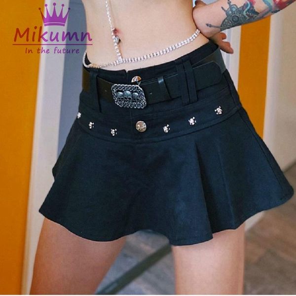 

skirts harajuku low waist black denim skirt gothic punk skull rivet women pleated mini jeans sumemr faldas mujer streetwear
