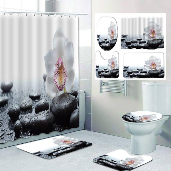 

flowers on pebble print shower curtain set carpet toilet cover bath mat sets bathroom waterproof with 12 hooks home deco curtains
