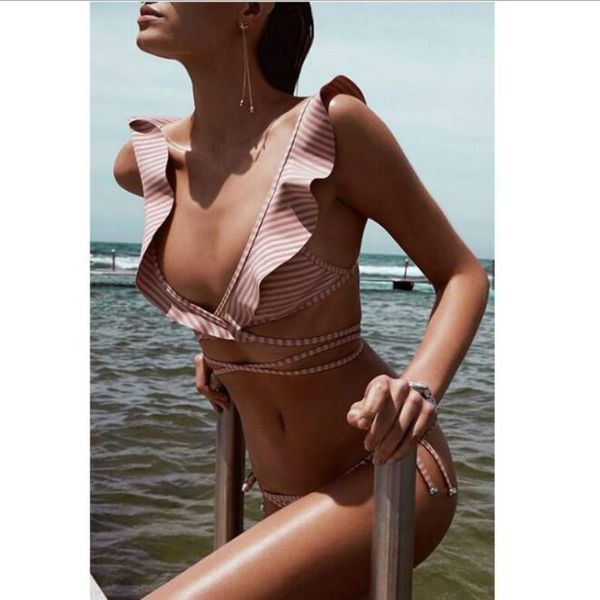 

bras sets 2021 striped swimwear women swimsuit push up brazilian pink blue yellow black lace, Red;black