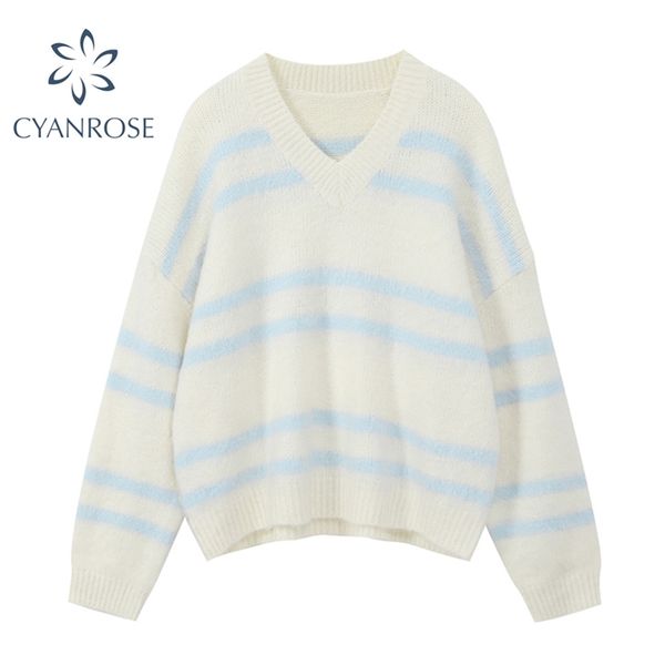 

striped vintage knitted sweater women apricot pullover v neck cotton korean harajuku elegant casual knitwear 210430, White;black