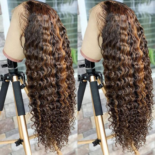 

lace wigs aimeya long front brazilian human hair deep curly for women dark brown to blonde frontal, Black;brown