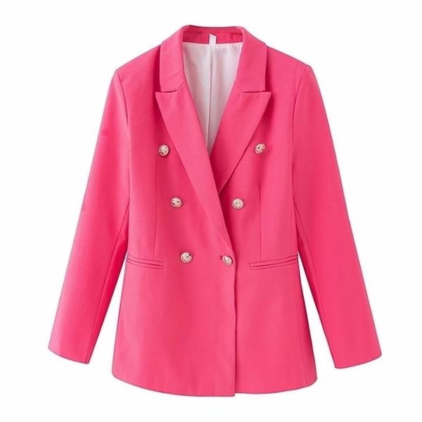 Elegante Frauen Chic Button Blazer Büro Damen Taschenjacken lässige weibliche schlanke gekerbte Anzüge solide rosa Mädchen Sets 211122