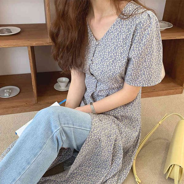 

dot open buckle loose lazy women vintage elegant korean style floral chiffon dress 210427, Black;gray