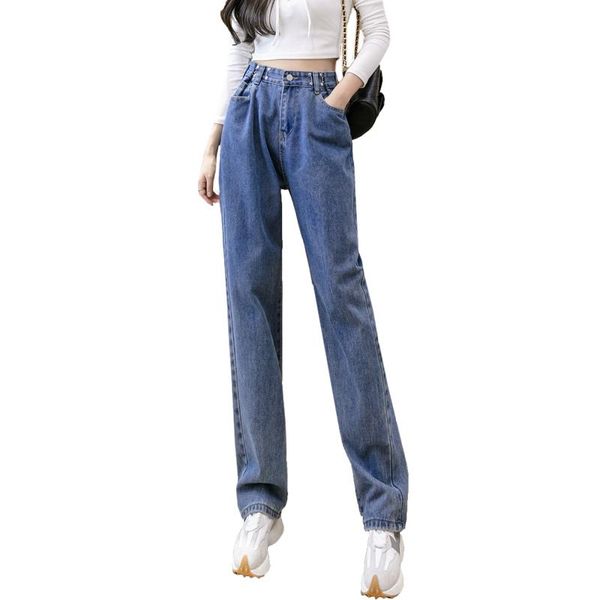 

women's jeans all-match 2021 autumn high waist loose slim adjustable straight trousers korean fashion clothing, Blue