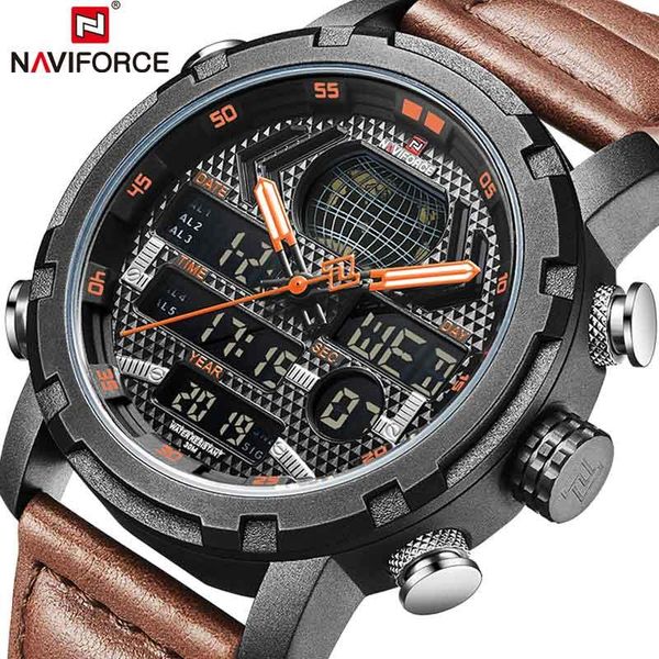 

wristwatches brand naviforce watches for men luxury led digital sport quartz wristwatch male military genuine leather clock reloj hombre, Slivery;brown