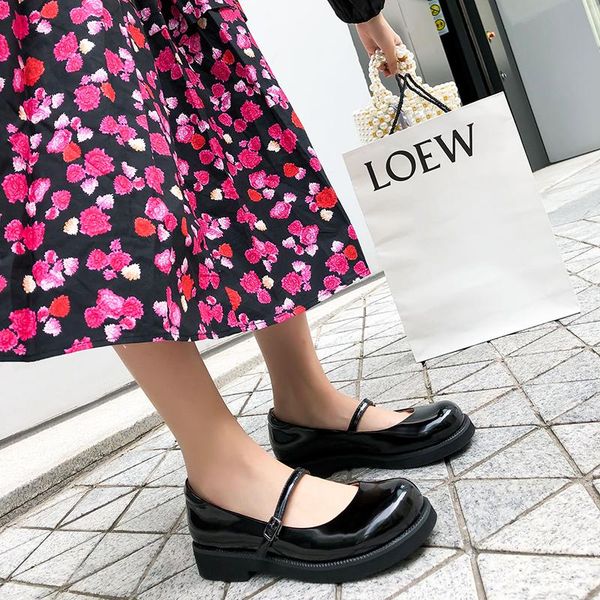

dress shoes 2021 spring autumn casual med-heel mary janes thick heels platform genuine leather pumps black size 40