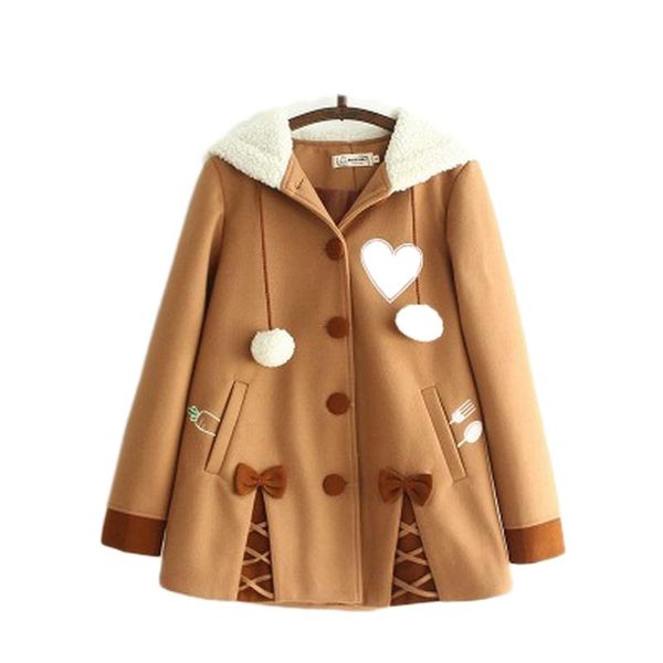 

women's wool & blends coat cotton bow button pockets hooded single breasted women jacket winter female fashion woman coats, Black
