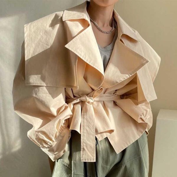 

women's trench coats [ewq] korea chic autumn casual trendy women lapel shawl with wide loose fashion long-sleeved windbreaker coat 2021, Tan;black