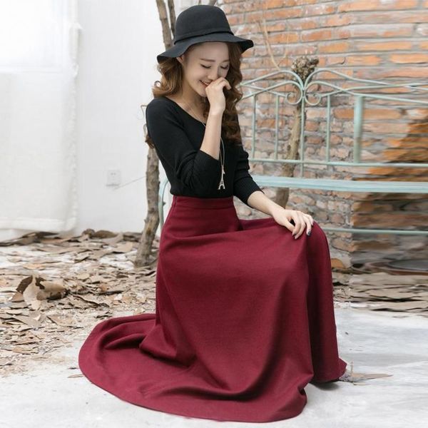 

skirts nitree winter skirt women's clothing thick woolen maxi womens retro high waist saia longa long, Black