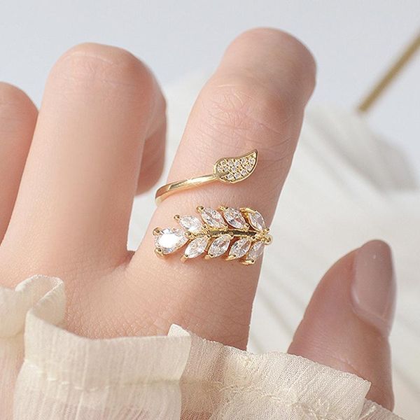 

cluster rings lexie diary fashion 14k real gold full cz leave ring for women adjustable open design zircon delicate daily jewelry pendan, Golden;silver