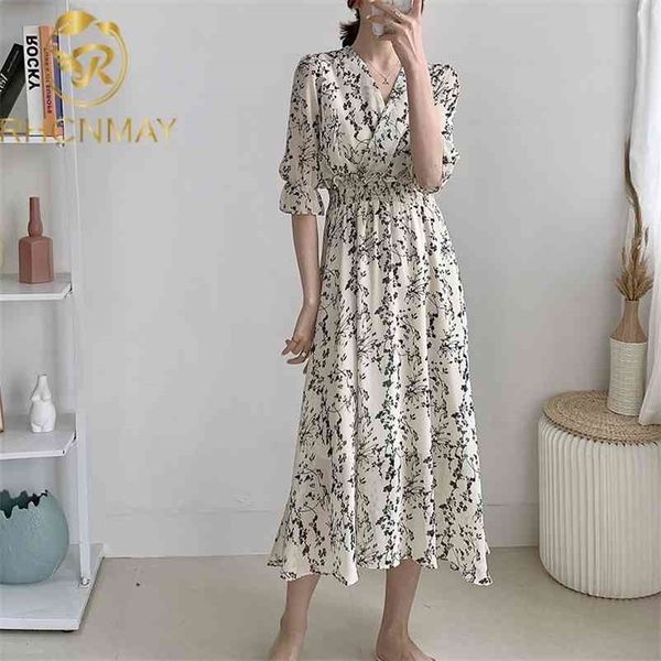 

women retro floral dress cross v neck wooden ear slim long vestido summer elegant chiffon short sleeve dresses 210520, Black;gray