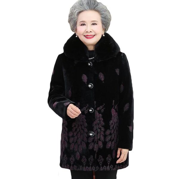

women's fur & faux elderly autumn winter sheep shearling coat warm plus velvet thick grandma long outerwear size 5xl jackets, Black