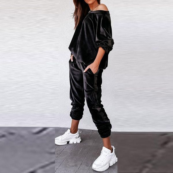 

women's two piece pants autumn women o-neck velvet tracksuit set loose long sleeve patchwork pullover & trousers suit casual elastic wa, White