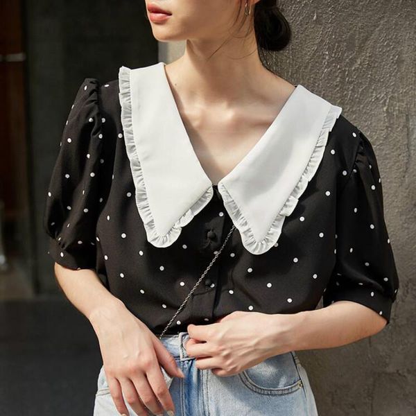 

women's blouses & shirts cute ruffled doll collar bubble sleeve blouse women summer chic polka dot button shirt female casual loose, White