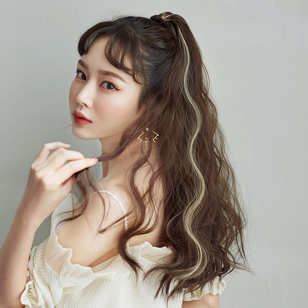 

high ponytail wig womens long curly hair wool roll net red mid-length grip natural perm highlight horse tail, Black