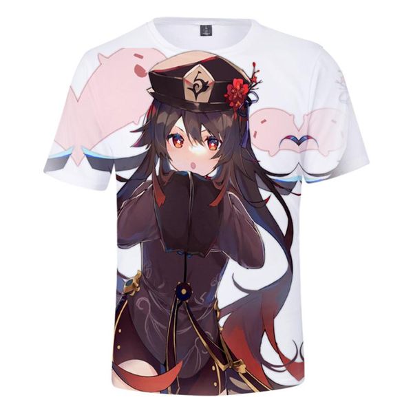 

women's t-shirt kawaii girl boy children cartoon hu tao anime genshin impact short sleeveÂ o-neck kids men women clothes, White