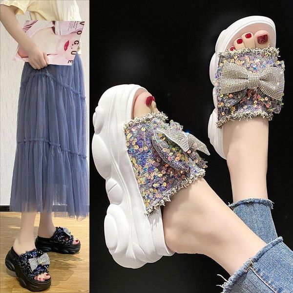 

slippers bow women's summer wear fashion rhinestone platform elevator shoes, Black