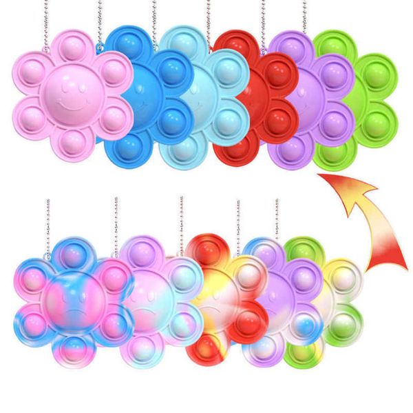 

double side turning sunflower pop bubble popper sensory rubber flower face changing key ring fidget keychain bag pendant kids finger doll to