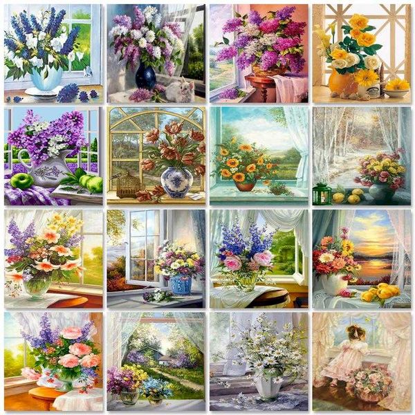 

paintings gatyztory oil painting by numbers window handpaintged draw on canvas flower vase crafts for adults living room decoration diy gi