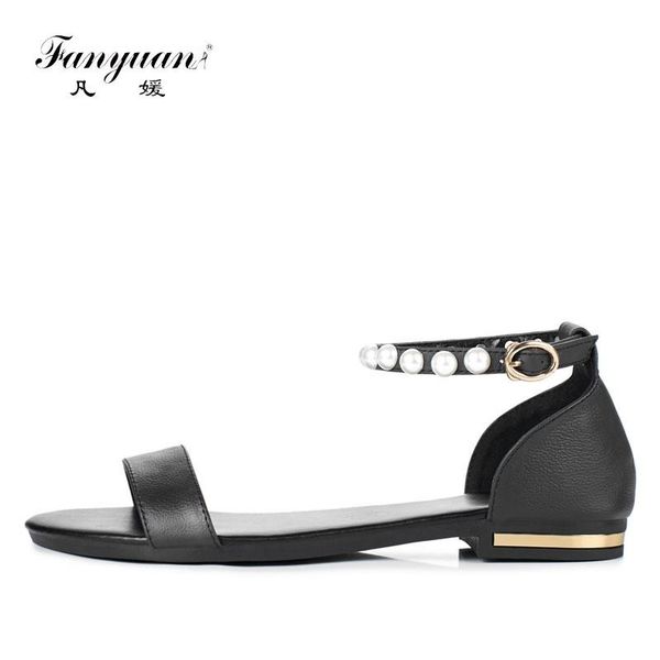 

fanyuan fashion genuine leather buckle strap sandals comfort pearl decoration ankle flats summer flat shoes women, Black