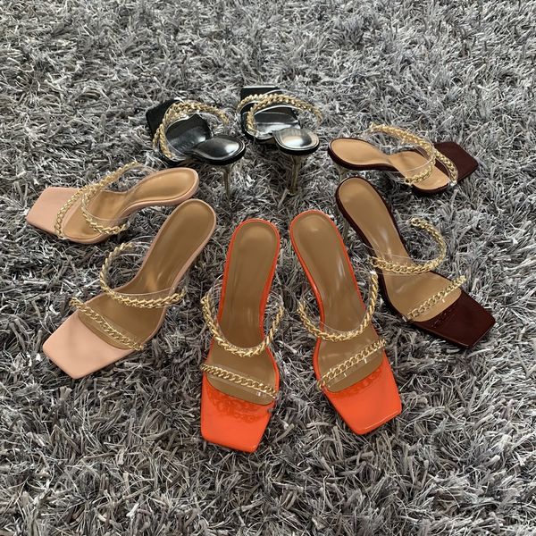 

summer women sandals square toe ladies heel mules clear pvc transparent high heels slippers female fashion chain shoes woman ery45w45jugfjyi, Black