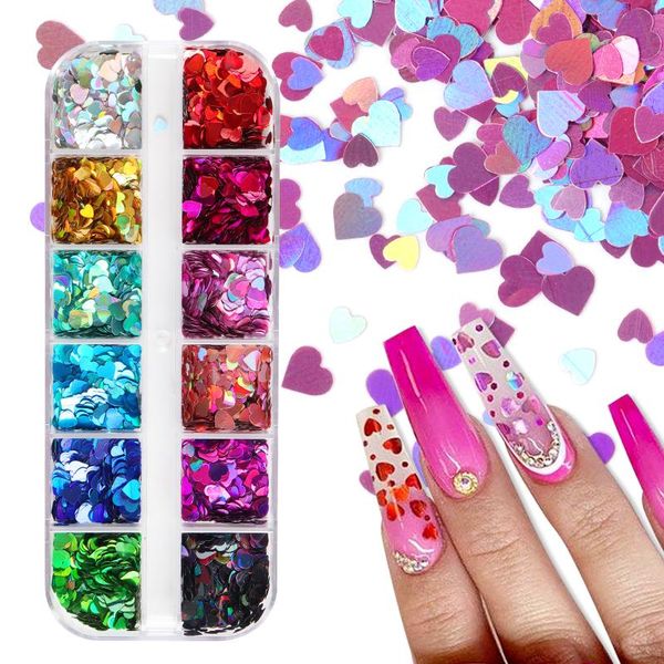 

holographic glitter love heart nail art sequins valentines day manicure design sparkling paillette nails decorations accessories, Silver;gold