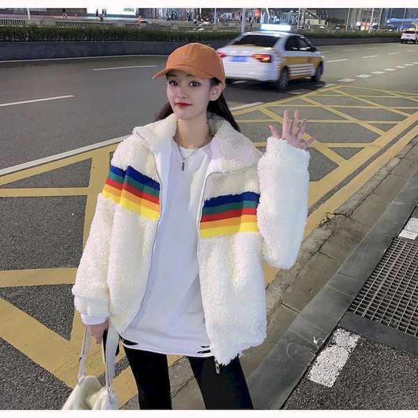 

2021 autumn winter thiened lamb wool coat women loose coats korean harajuku clothing rainbow stripes clothing oversized, Black