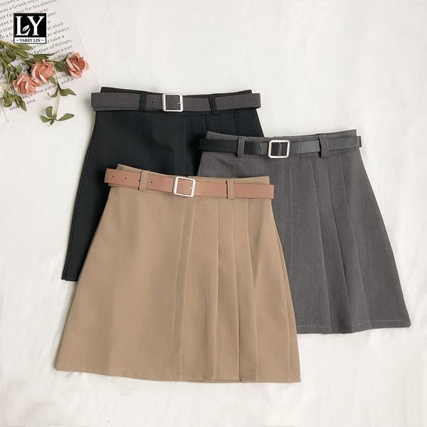 

suits spring summer women solid color asymmetrical mini pleated casual high waist a-line skirts with belt, Black