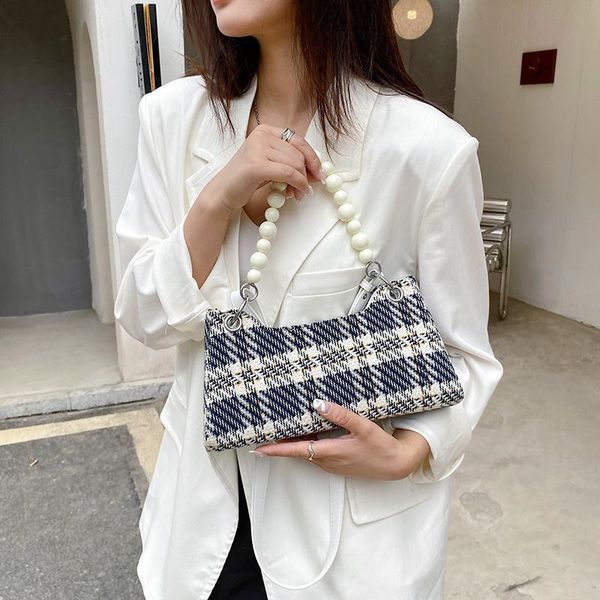 

evening bags 2021 plaid small pu leather crossbody shoulder with short beading belt for women summer baguette handbags and purses brand