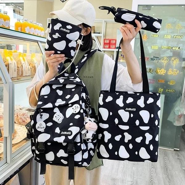 

backpack 4 piece korean cow print female bag women school waterproof large-capacity schoolbag for girls