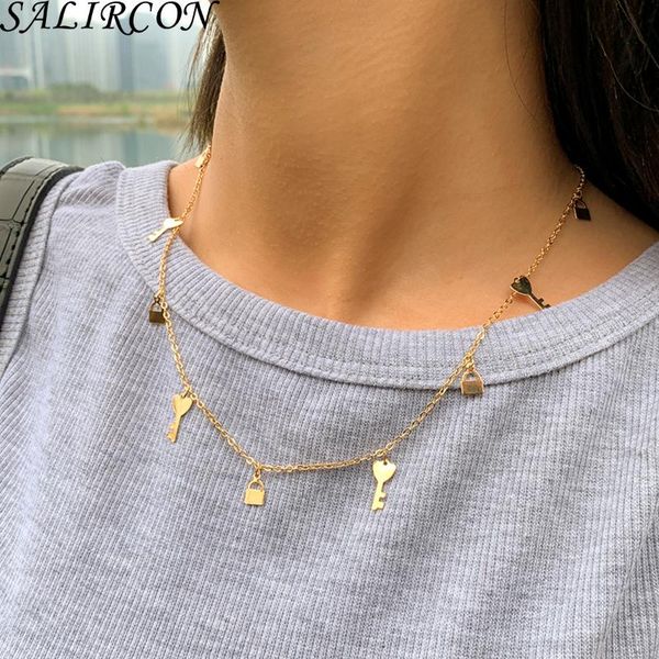 

pendant necklaces fashion retro key lock necklace for women punk exquisite simple chain charm accessories jewelry wholesale, Silver
