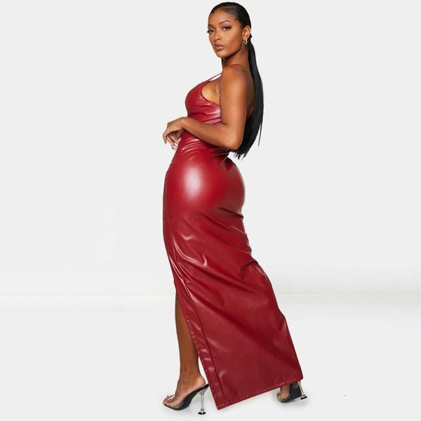 

casual dresses skennyee leather dress women plus size spaghetti strap streetwear bodycon vestidos backless slit irregular long 3vxt, Black;gray