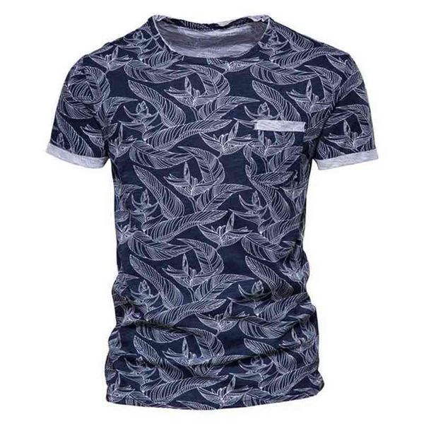 Aiopeson folha impressa camiseta homens bolso casual de alta qualidade 100% algodão vestuário de algodão verão estilo havaí s 210714