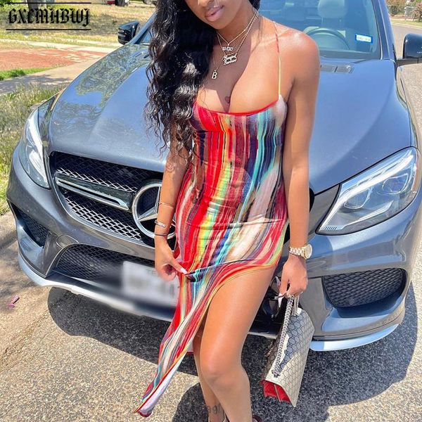 

casual dresses gxcmhbwj tie-dye color matching beautiful back high slit low cut slim female dress robe women elegant trendy streetwear, Black;gray
