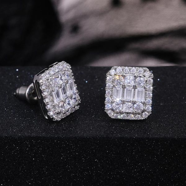 

stud 2021 1pair hip hop full paved cz stone rhinestone square earrings silver color iced out copper for men women, Golden;silver