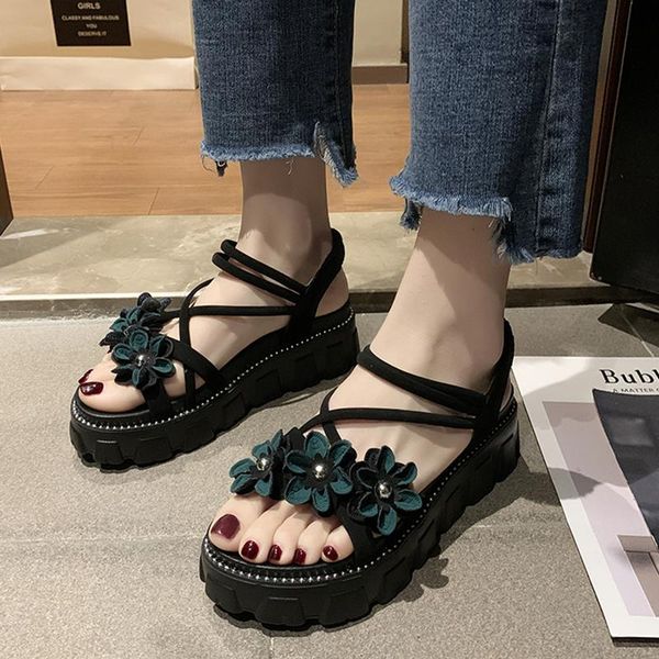 

drop vintage floral platform sandals women thick bottom cross strap beach shoes woman casual elastic band sandalias, Black