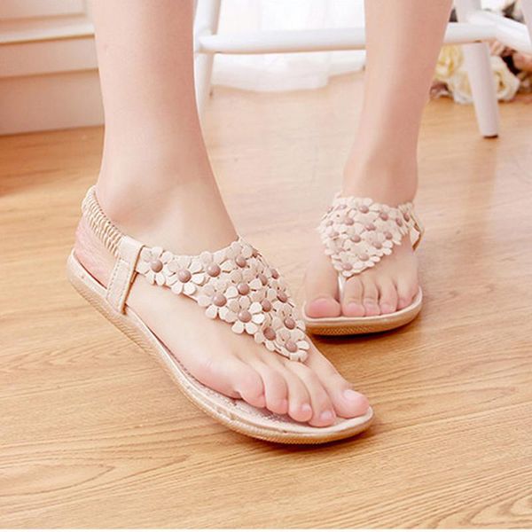 

sandals women bohemia thong flat flower summer 2021 casual flats shoe, Black