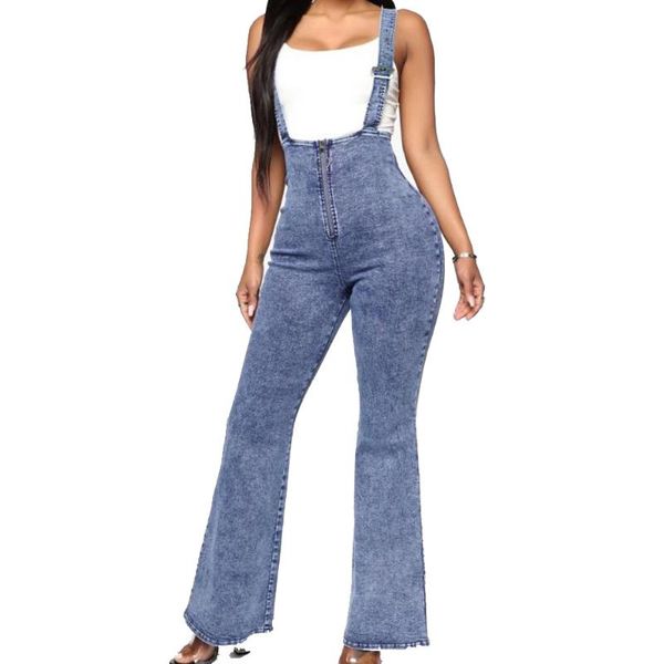 

women's jeans womens suspender flare pants high waist stretch bodycon overalls bell bottom denim trousers shoulder straps jumpsuit, Blue
