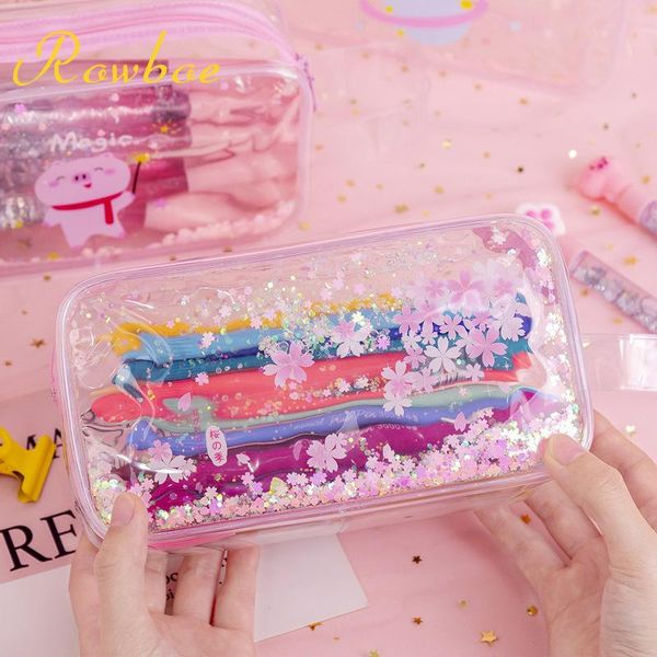 

pencil bags rowboe cute stationery girl oil sequins sandpaper bag cartoon creative transparent large capacity storage cosmetic