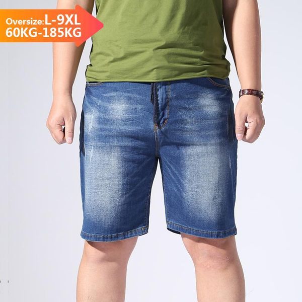 

summer men's casual denim shorts classic drawstring elastic waist bermuda straight jeans short oversize large size 4 5 6 7 8 9xl, Blue